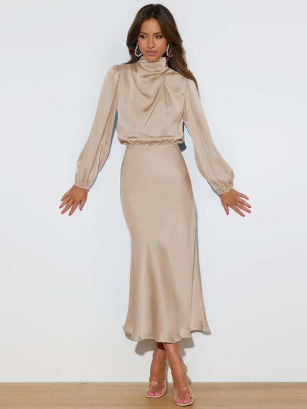Satin Long Sleeve Loose Dress – Graceful Fit, Dropped Shoulder, Spring Ready
