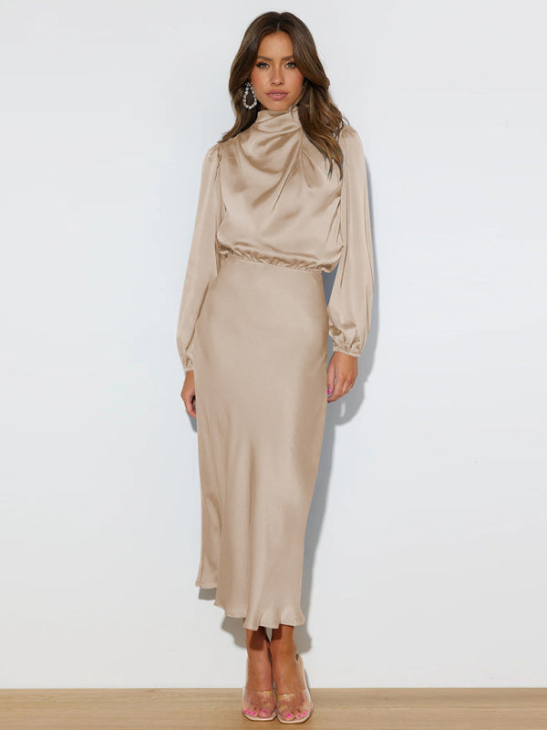 Satin Long Sleeve Loose Dress – Graceful Fit, Dropped Shoulder, Spring Ready
