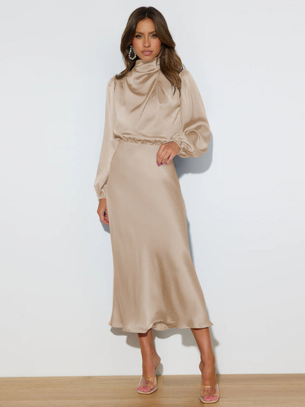 Satin Long Sleeve Loose Dress – Graceful Fit, Dropped Shoulder, Spring Ready