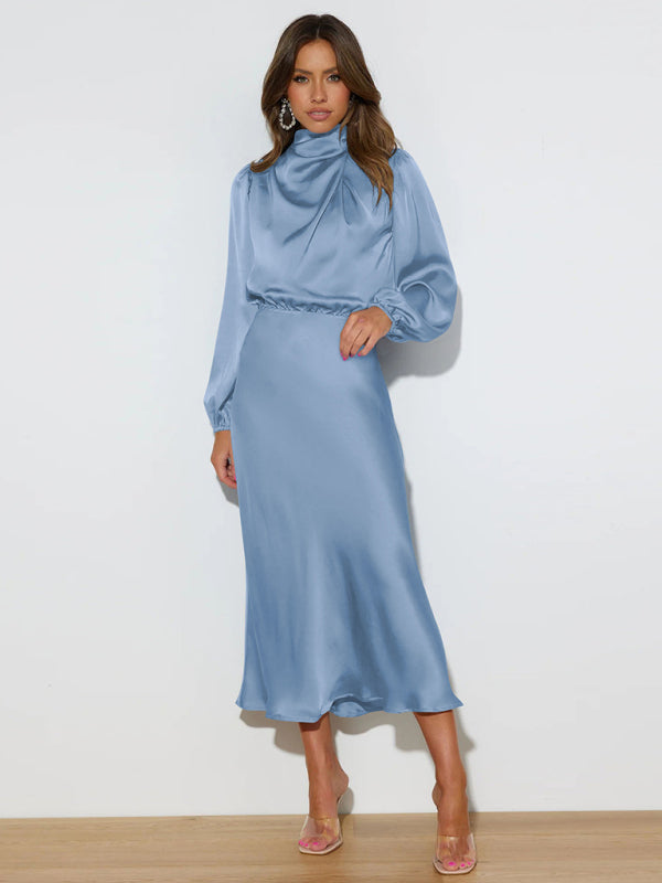 Satin Long Sleeve Loose Dress – Graceful Fit, Dropped Shoulder, Spring Ready