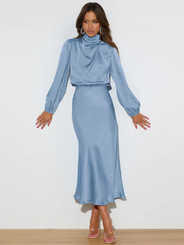Satin Long Sleeve Loose Dress – Graceful Fit, Dropped Shoulder, Spring Ready