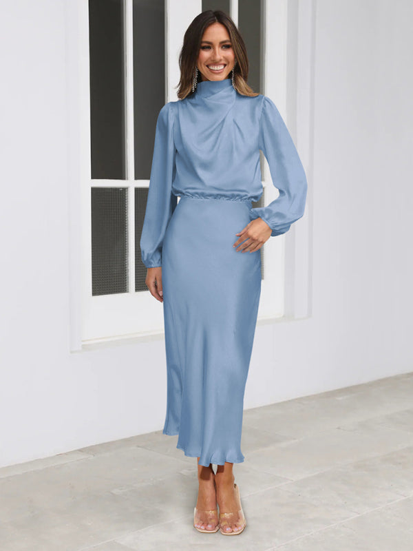 Satin Long Sleeve Loose Dress – Graceful Fit, Dropped Shoulder, Spring Ready