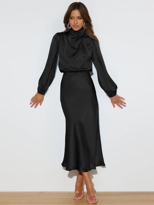 Satin Long Sleeve Loose Dress – Graceful Fit, Dropped Shoulder, Spring Ready