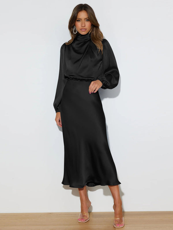Satin Long Sleeve Loose Dress – Graceful Fit, Dropped Shoulder, Spring Ready