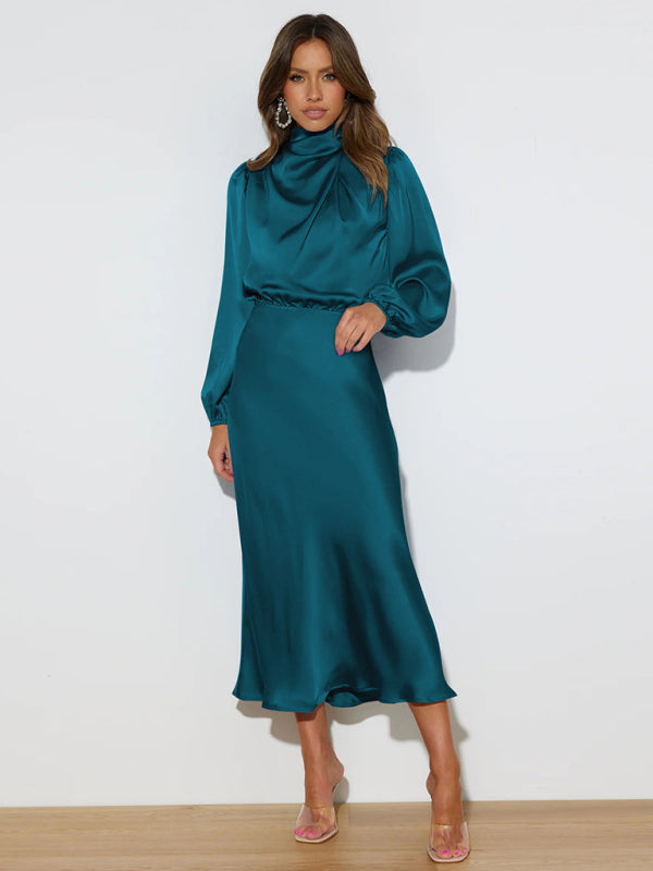 Satin Long Sleeve Loose Dress – Graceful Fit, Dropped Shoulder, Spring Ready