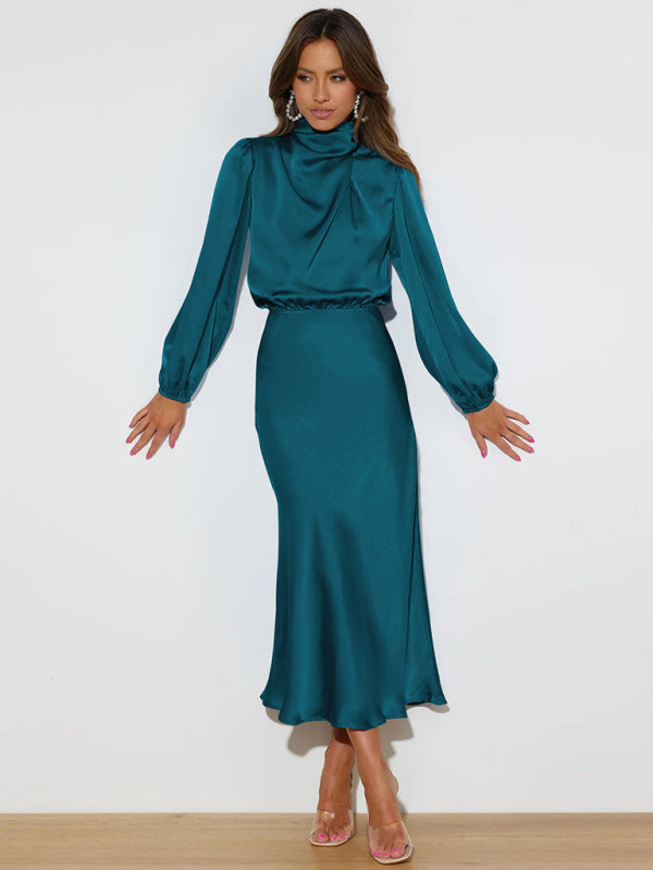 Satin Long Sleeve Loose Dress – Graceful Fit, Dropped Shoulder, Spring Ready