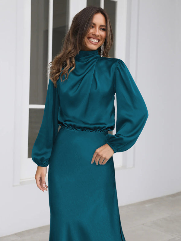 Satin Long Sleeve Loose Dress – Graceful Fit, Dropped Shoulder, Spring Ready