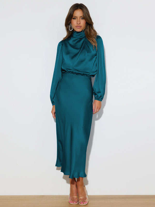 Satin Long Sleeve Loose Dress – Graceful Fit, Dropped Shoulder, Spring Ready