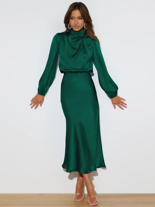 Satin Long Sleeve Loose Dress – Graceful Fit, Dropped Shoulder, Spring Ready