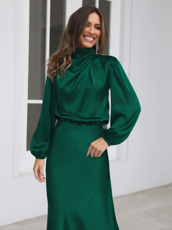 Satin Long Sleeve Loose Dress – Graceful Fit, Dropped Shoulder, Spring Ready