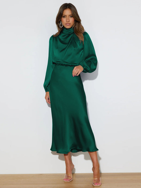 Satin Long Sleeve Loose Dress – Graceful Fit, Dropped Shoulder, Spring Ready