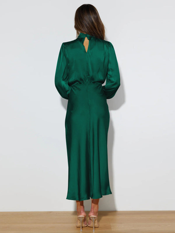 Satin Long Sleeve Loose Dress – Graceful Fit, Dropped Shoulder, Spring Ready