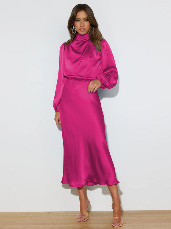 Satin Long Sleeve Loose Dress – Graceful Fit, Dropped Shoulder, Spring Ready