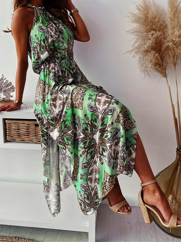 Bohemian Halter Midi Dress – Sleeveless Waist Slit for Spring & Summer
