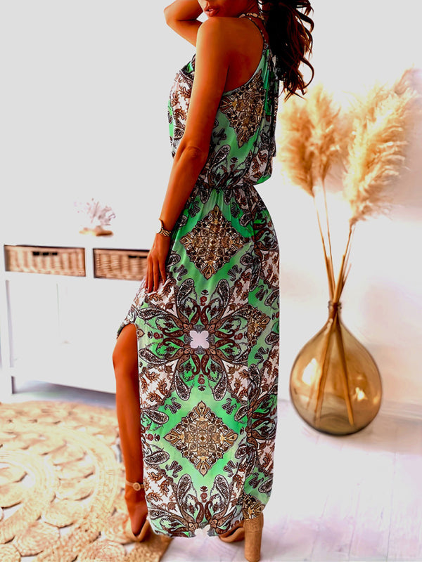 Bohemian Halter Midi Dress – Sleeveless Waist Slit for Spring & Summer