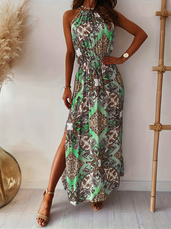 Bohemian Halter Midi Dress – Sleeveless Waist Slit for Spring & Summer