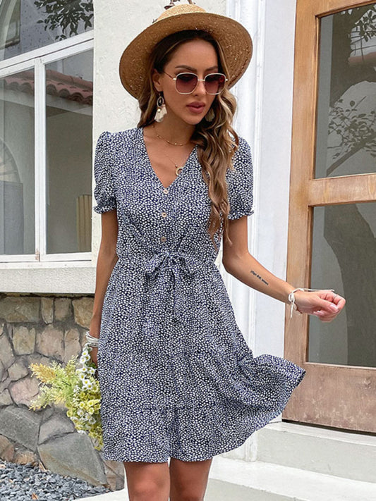 Royal Blue Printed V-Neck Tie Dress – Lightweight & Button Front