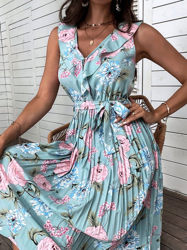Blue Floral Ruffle Sling Beach Dress – Romantic Spring-Summer Maxi