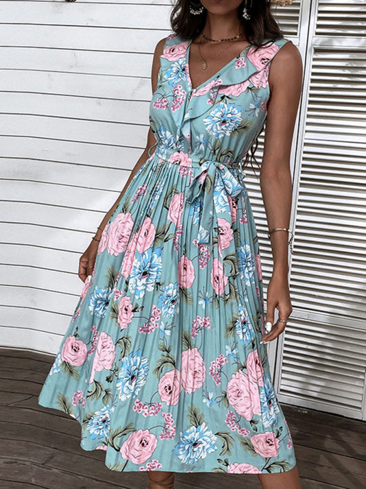 Blue Floral Ruffle Sling Beach Dress – Romantic Spring-Summer Maxi