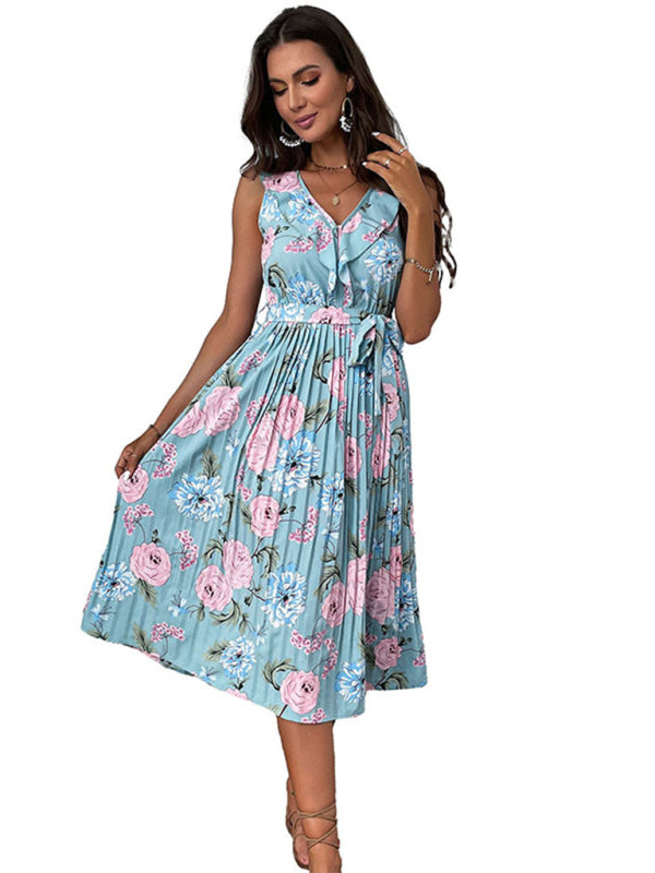 Blue Floral Ruffle Sling Beach Dress – Romantic Spring-Summer Maxi
