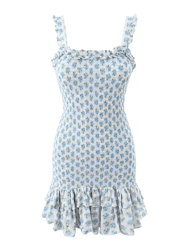 Romantic Ruffled Cake-Layered Rose Strap Dress – Floral Spring Holiday Style