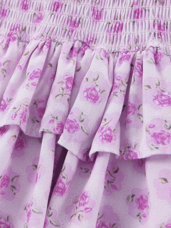 Romantic Ruffled Cake-Layered Rose Strap Dress – Floral Spring Holiday Style