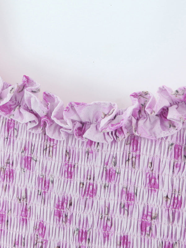 Romantic Ruffled Cake-Layered Rose Strap Dress – Floral Spring Holiday Style