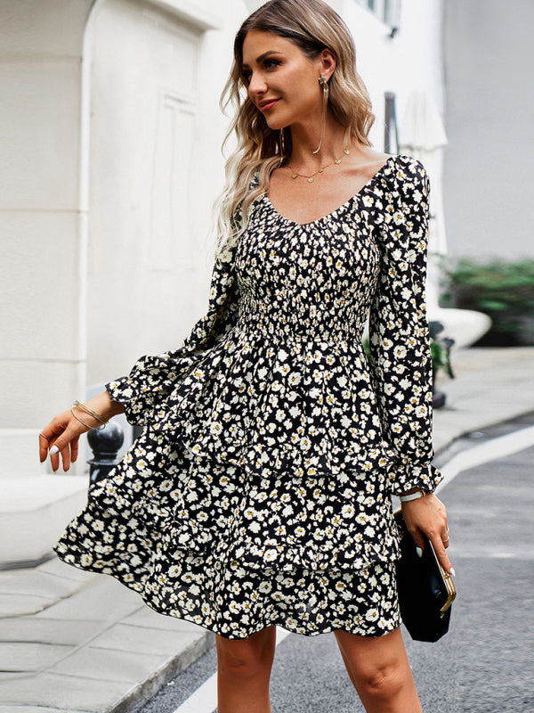 Floral V-Neck Long-Sleeved Dress – Lightweight Spring Summer Style