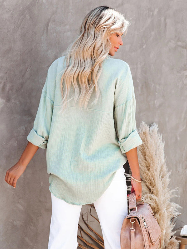 Women's V-Neck Button-Down Long Sleeve Shirt