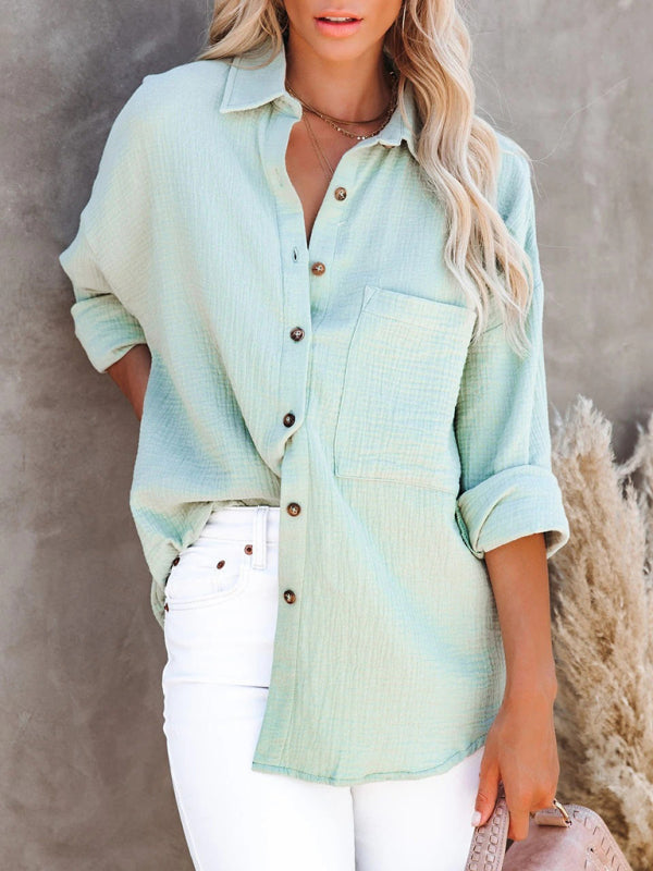 Women's V-Neck Button-Down Long Sleeve Shirt