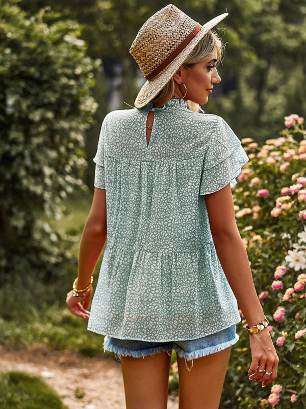 Romantic Feifei Sleeve Round Neck T-Shirt – Lightweight Woven Short Sleeve Top