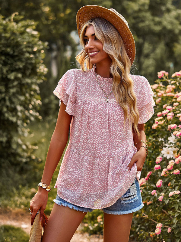 Romantic Feifei Sleeve Round Neck T-Shirt – Lightweight Woven Short Sleeve Top