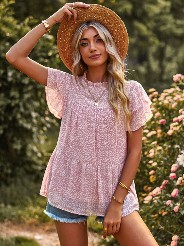 Romantic Feifei Sleeve Round Neck T-Shirt – Lightweight Woven Short Sleeve Top