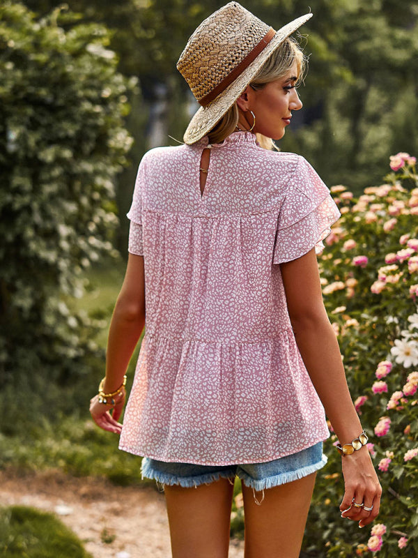 Romantic Feifei Sleeve Round Neck T-Shirt – Lightweight Woven Short Sleeve Top
