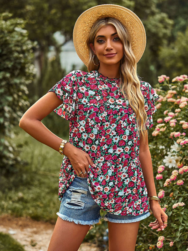 Romantic Feifei Sleeve Round Neck T-Shirt – Lightweight Woven Short Sleeve Top
