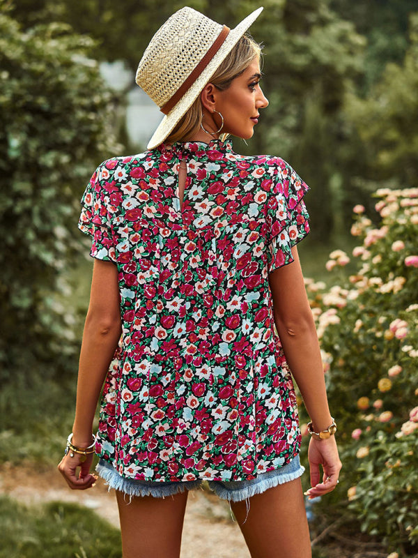 Romantic Feifei Sleeve Round Neck T-Shirt – Lightweight Woven Short Sleeve Top