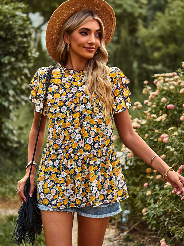 Romantic Feifei Sleeve Round Neck T-Shirt – Lightweight Woven Short Sleeve Top