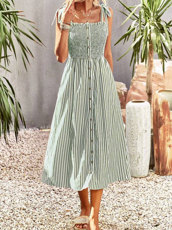 Striped Elegant Suspender Dress – Romantic Spring-Summer Midi