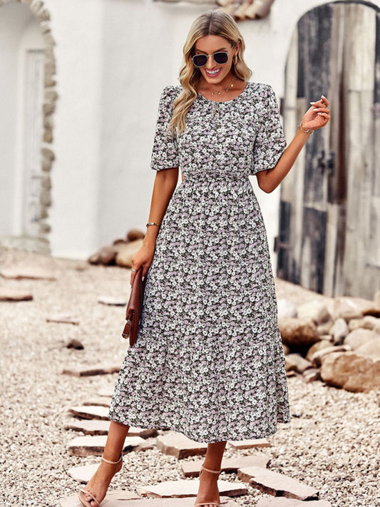 Printed Round Neck A-Line Dress – Romantic Fit for Spring & Summer