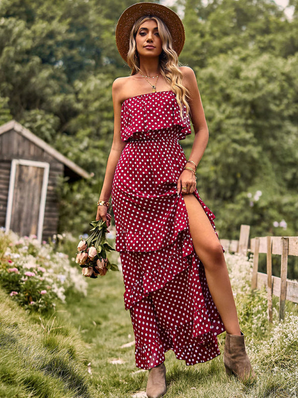 One-Shoulder Polka Dot Slit Maxi Dress – Romantic Spring-Summer Look
