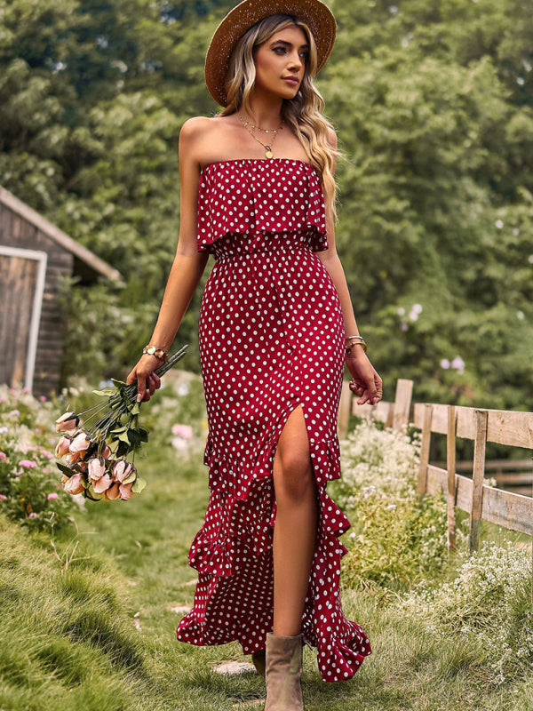 One-Shoulder Polka Dot Slit Maxi Dress – Romantic Spring-Summer Look