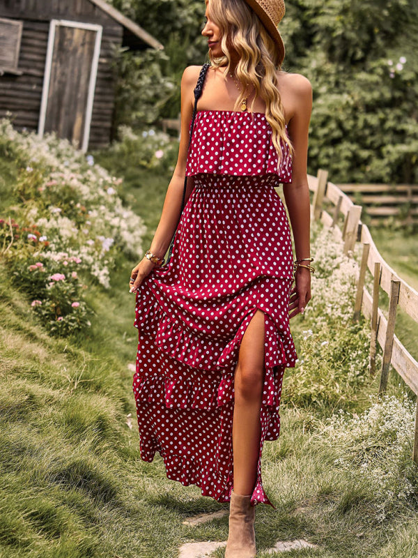One-Shoulder Polka Dot Slit Maxi Dress – Romantic Spring-Summer Look