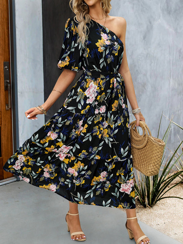 Elegant One-Shoulder Maxi Dress – Printed Viscose, Spring-Summer Style