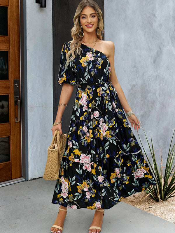 Elegant One-Shoulder Maxi Dress – Printed Viscose, Spring-Summer Style