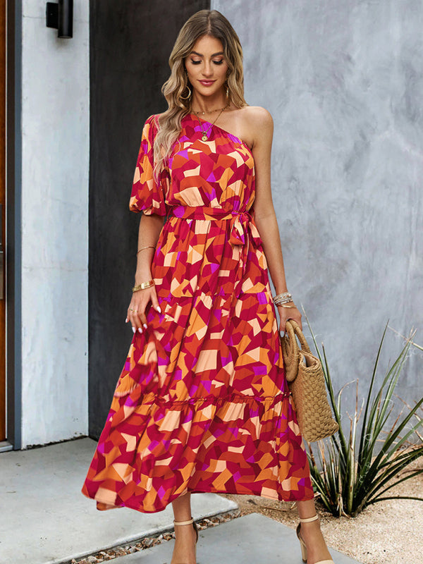 Elegant One-Shoulder Maxi Dress – Printed Viscose, Spring-Summer Style