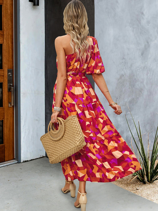 Elegant One-Shoulder Maxi Dress – Printed Viscose, Spring-Summer Style