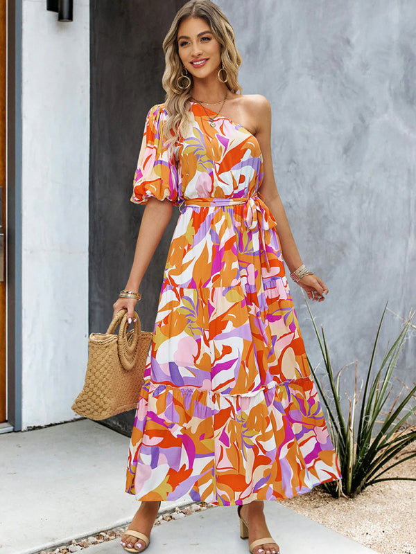 Elegant One-Shoulder Maxi Dress – Printed Viscose, Spring-Summer Style