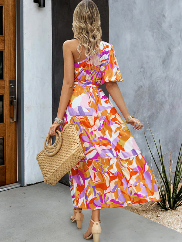 Elegant One-Shoulder Maxi Dress – Printed Viscose, Spring-Summer Style