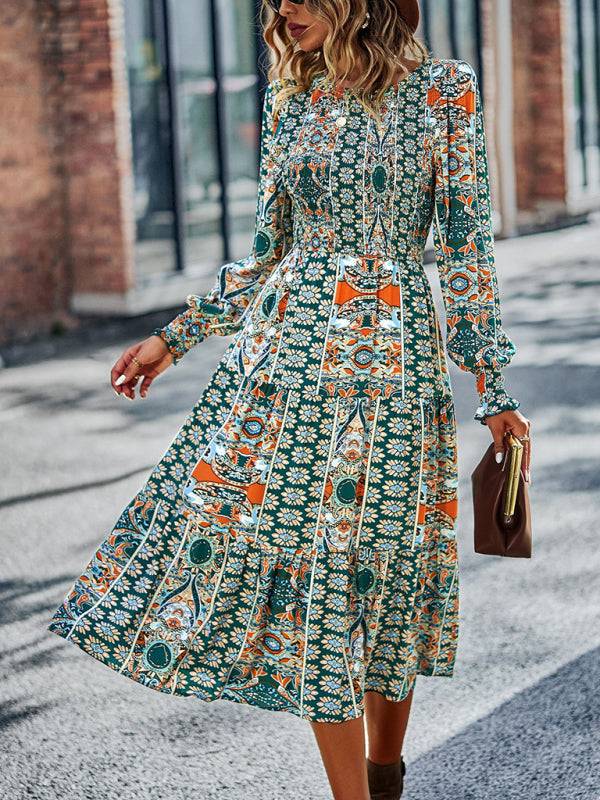 Bohemian Swing Maxi Dress – Round Neck, Woven Polyester, Spring & Autumn Style