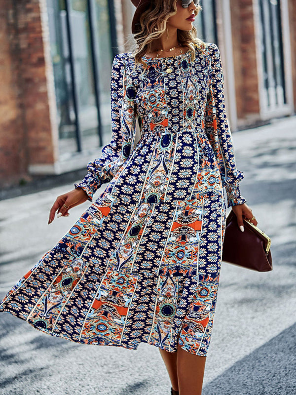 Bohemian Swing Maxi Dress – Round Neck, Woven Polyester, Spring & Autumn Style